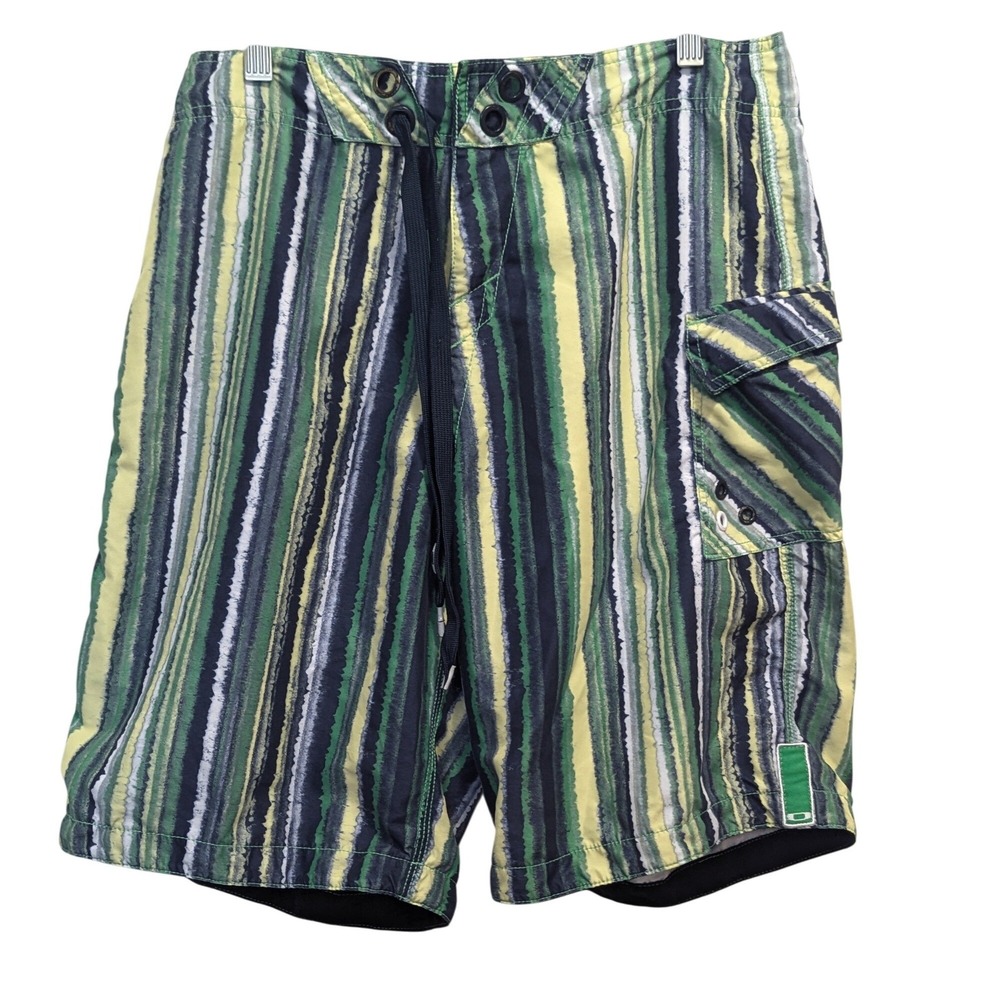 2/$25 Oakley Board Shorts Men's 36 Green Blue Stripe Surf Swim Trunks Pocket